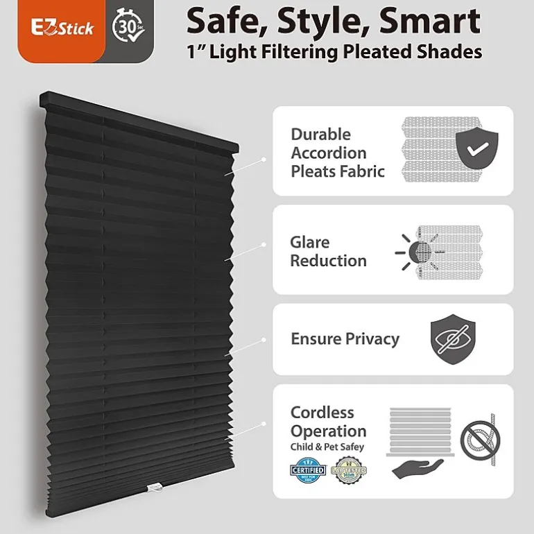 Eco Estates Ez Stick No Tool 1” Cut-to-Width Cordless Light Filtering Pleated Shade
