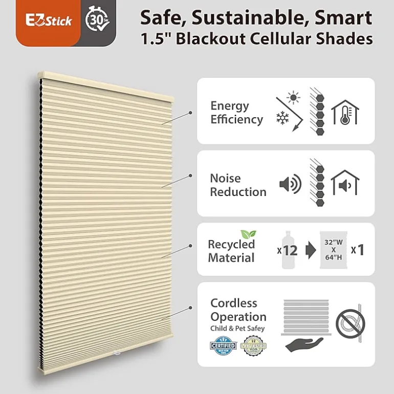 Eco Estates Ez Stick No Tool 1.5" Cut-To-Width Cordless 100% Blackout Cellular Shade