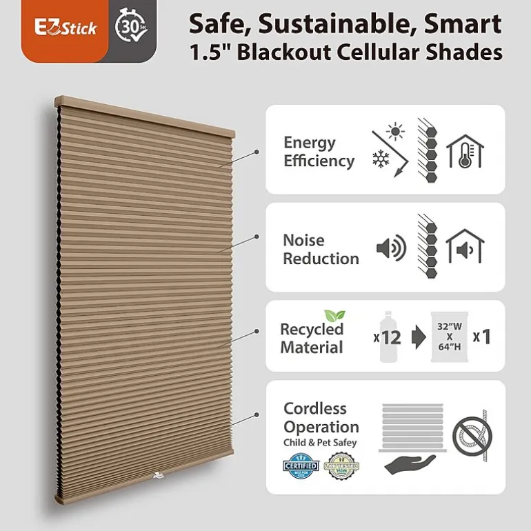 Eco Estates Ez Stick No Tool 1.5" Cut-To-Width Cordless 100% Blackout Cellular Shade