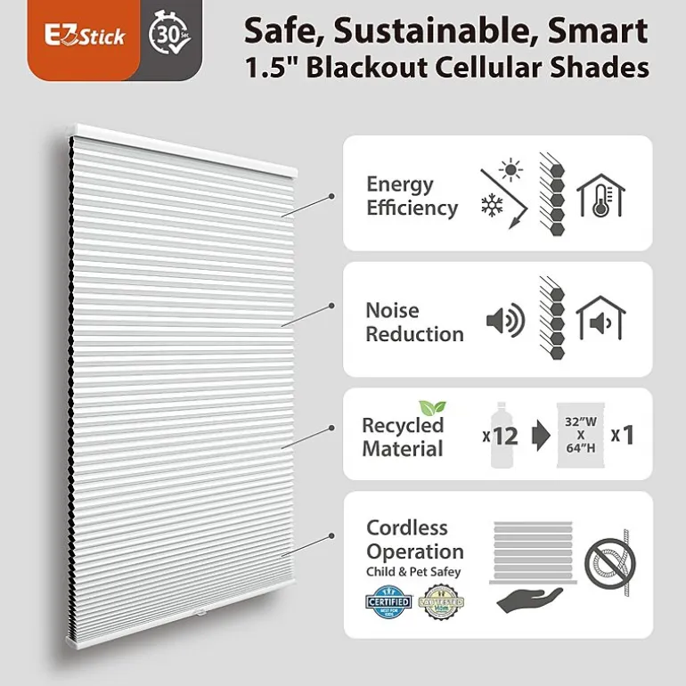 Eco Estates Ez Stick No Tool 1.5" Cut-To-Width Cordless 100% Blackout Cellular Shade