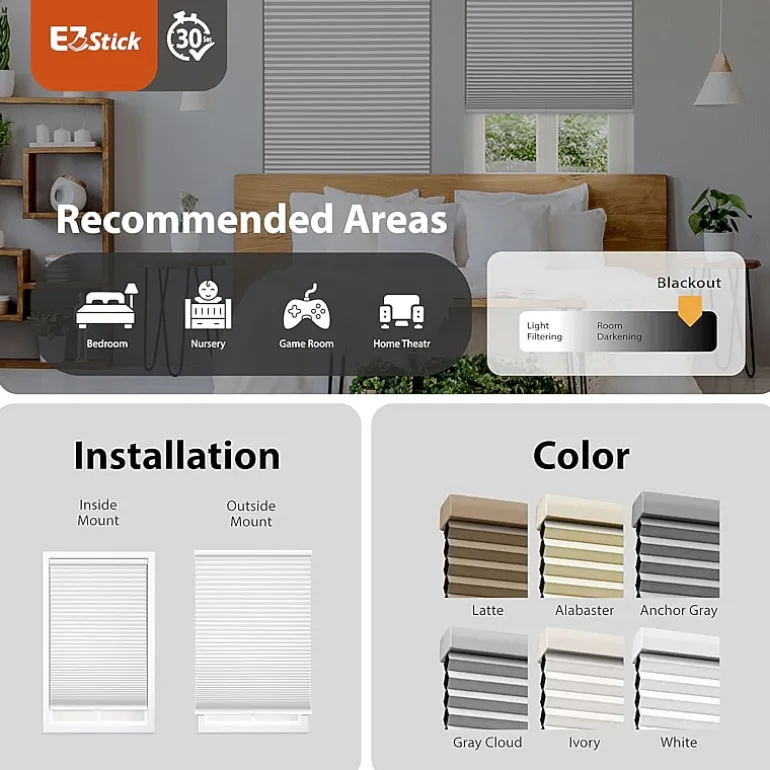 Eco Estates Ez Stick No Tool 1.5" Cut-To-Width Cordless 100% Blackout Cellular Shade