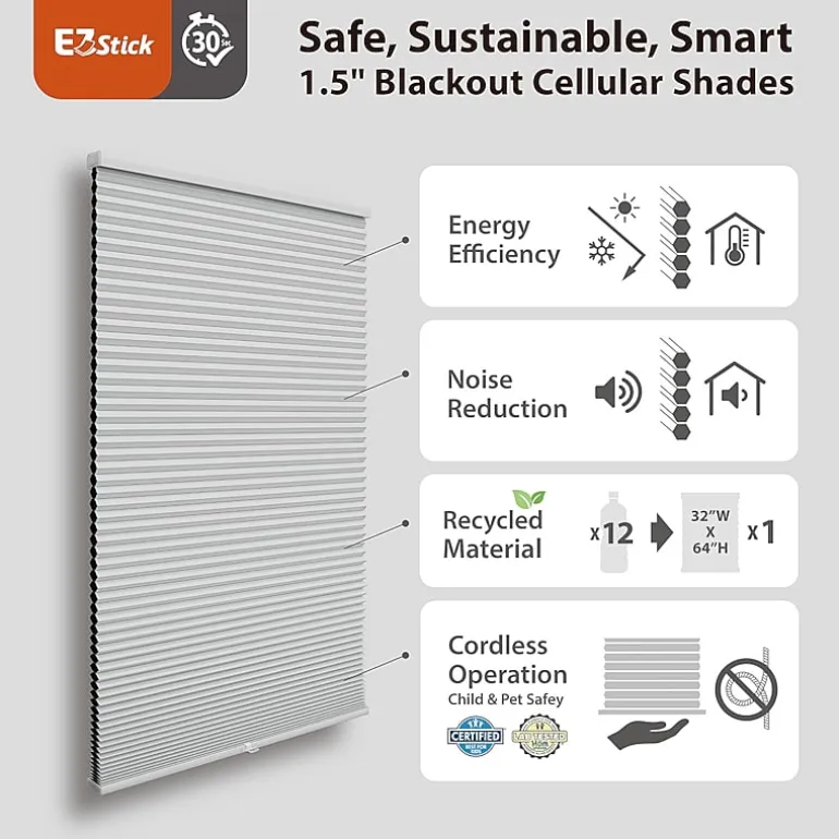Eco Estates Ez Stick No Tool 1.5" Cut-To-Width Cordless 100% Blackout Cellular Shade