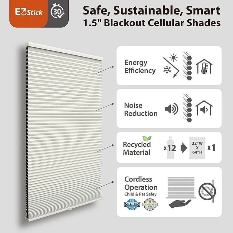 Eco Estates Ez Stick No Tool 1.5" Cut-To-Width Cordless 100% Blackout Cellular Shade