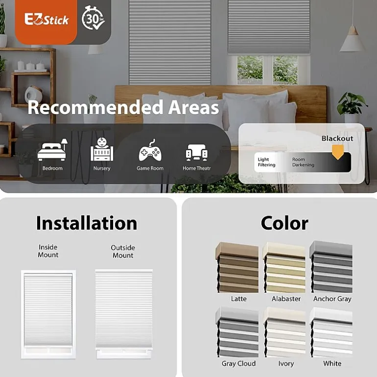 Eco Estates Ez Stick No Tool 1.5" Cut-To-Width Cordless 100% Blackout Cellular Shade