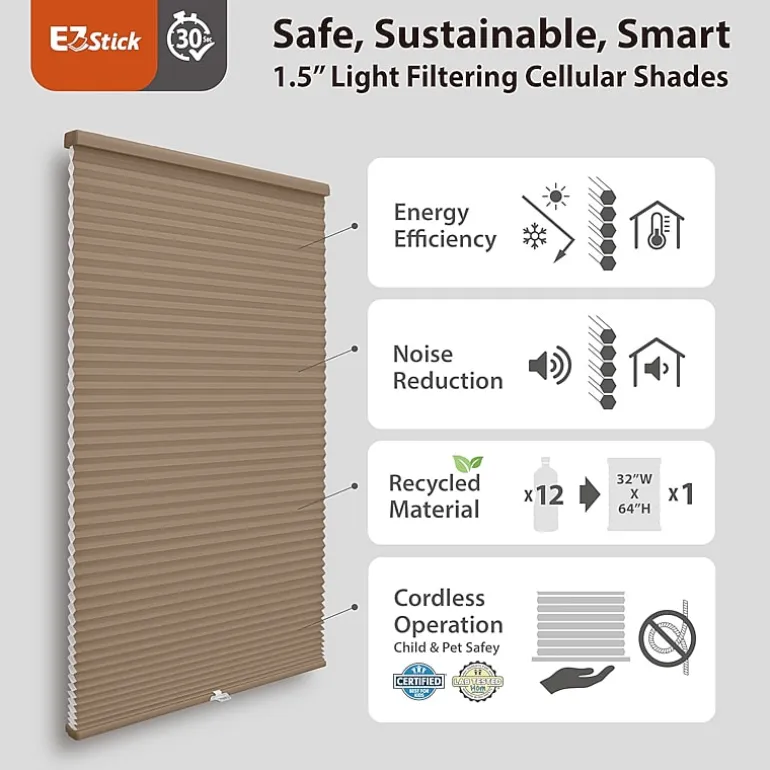 Eco Estates Ez Stick No Tool 1.5" Cut-To-Width Cordless Light-Filtering Cellular Shade