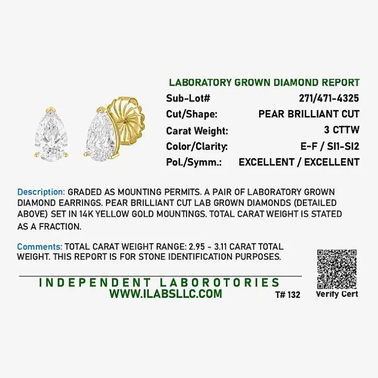 ( E-F/Si1-Si2 ) 3 CT. T.W. Lab-Grown Diamond 14K Gold 10.6mm Pear Stud Earrings