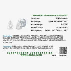 ( E-F/Si1-Si2 ) 3 CT. T.W. Lab-Grown Diamond 14K Gold 10.6mm Pear Stud Earrings