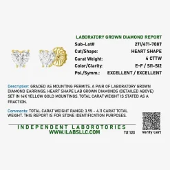 ( E-F/Si1-Si2 ) 4 CT. T.W. Lab-Grown Diamond 14K Gold 8.5mm Heart Stud Earrings