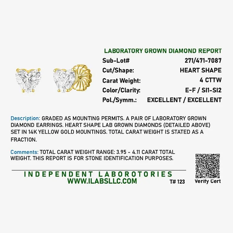( E-F/Si1-Si2 ) 4 CT. T.W. Lab-Grown Diamond 14K Gold 8.5mm Heart Stud Earrings