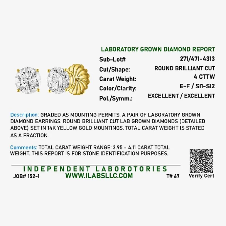 ( E-F/Si1-Si2 ) 4 CT. T.W. Lab-Grown Diamond 14K Gold 8mm Round Stud Earrings