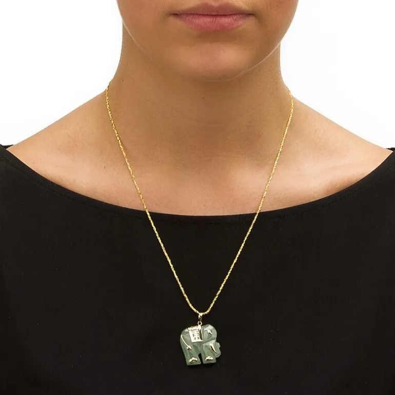 Elephant Womens Genuine Green Jade 14K Gold Pendant