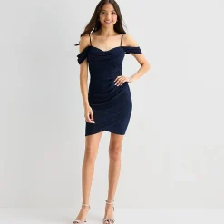 Emerald Sundae Womens Juniors Sweetheart Neck Sleeveless Off The Shoulder Glitter Bodycon Dress