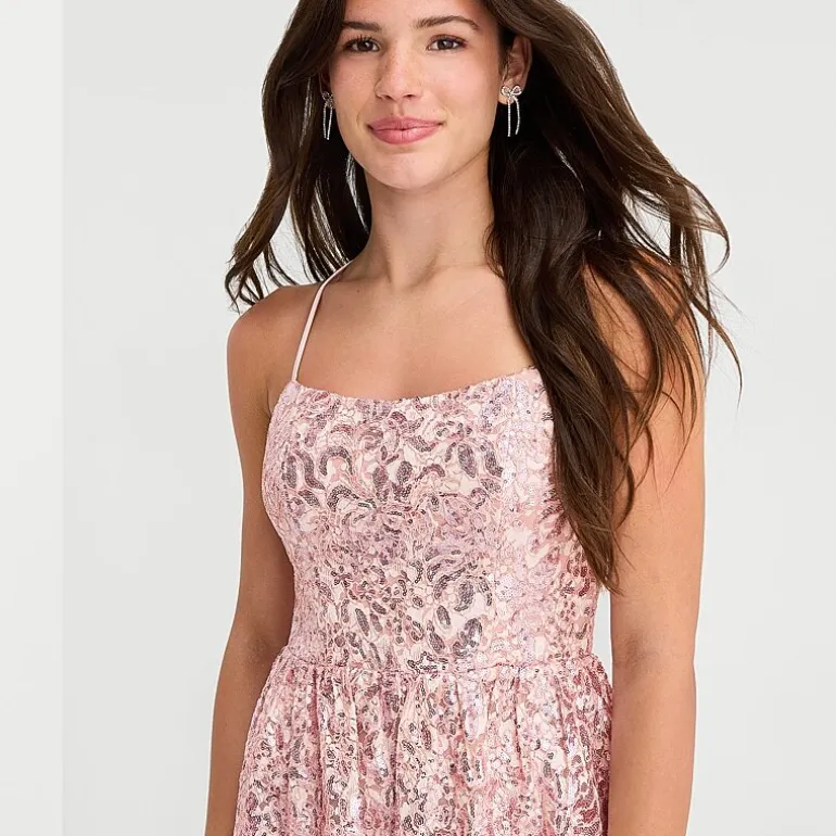 Emerald Sundae Womens Juniors Straight Neck Sleeveless Embroidered Fit + Flare Dress