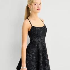 Emerald Sundae Womens Juniors Straight Neck Sleeveless Floral Fit + Flare Dress