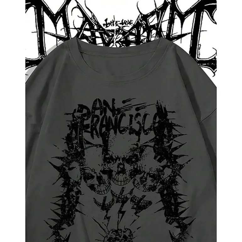 Enigma Meadows Casual Skull and Letter Print Colorblock Mock Layer T-Shirt