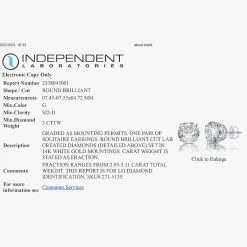 Ever Star 3 CT. T.W. Lab-Grown ( G/SI1-SI2 ) Diamond 14K Gold Round Stud Earrings