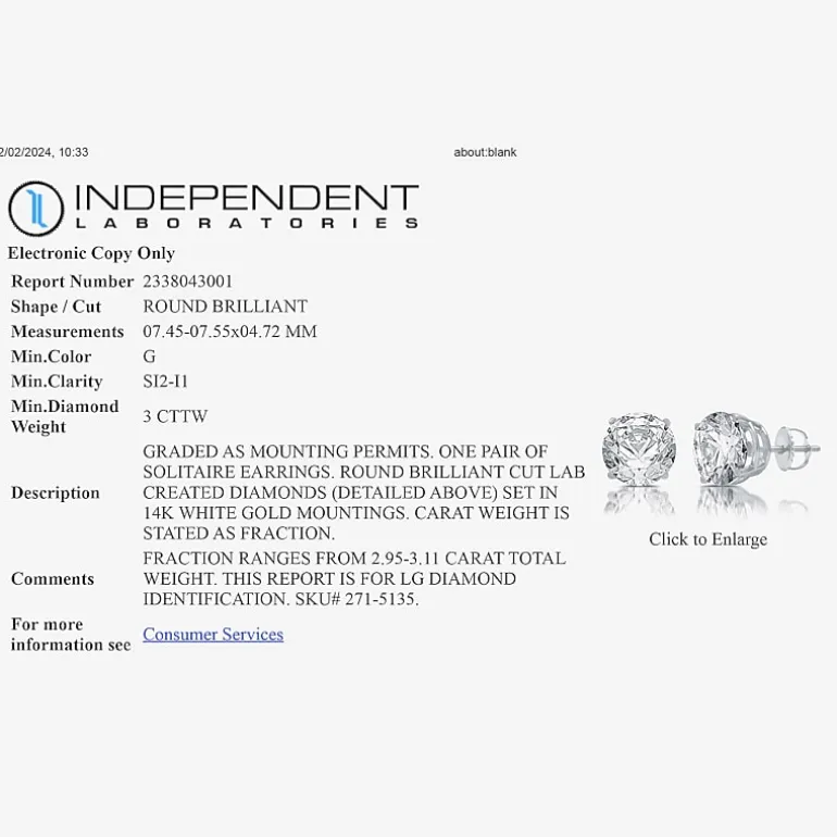 Ever Star 3 CT. T.W. Lab-Grown ( G/SI1-SI2 ) Diamond 14K Gold Round Stud Earrings