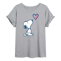 Flag Heart Womens Juniors Crew Neck Short Sleeve Oversized Peanuts Snoopy Graphic T-Shirt