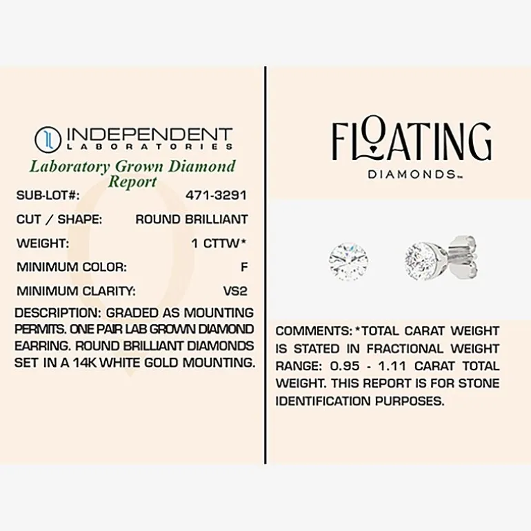 Floating Diamonds (F / Vs2) 1 CT. T.W. Lab Grown White Diamond 14K Gold 5.4mm Round Stud Earrings
