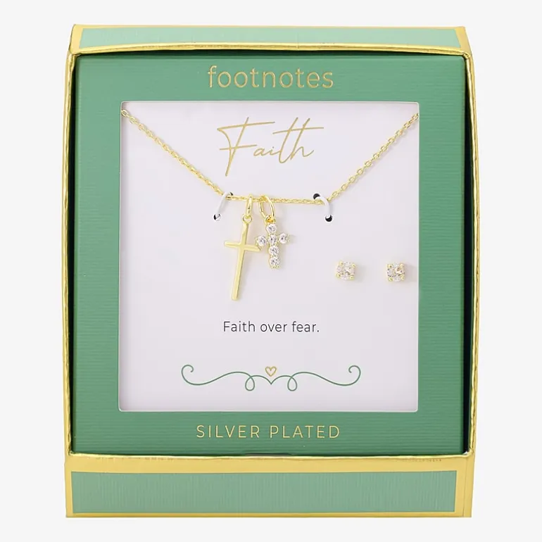 Footnotes Faith Womens Cubic Zirconia 14K Gold Over Brass Cross 2-pc. Jewelry Set