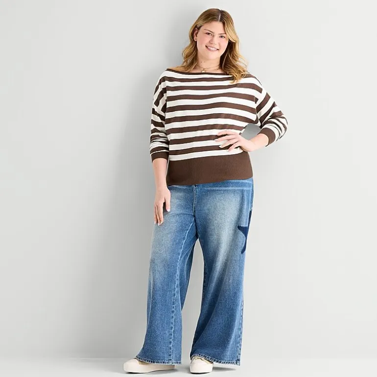 Forever 21 Juniors Plus Womens Boat Neck Long Sleeve Pullover Sweater