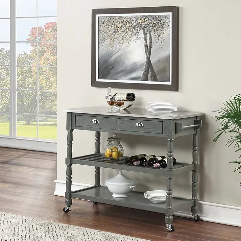 French Country Stainless Steel Counter Top Kitchen Cart with Wine Rack