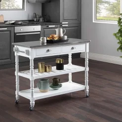 French Country Stainless Steel Counter Top Kitchen Cart with Wine Rack