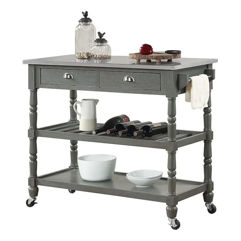 French Country Stainless Steel Counter Top Kitchen Cart with Wine Rack