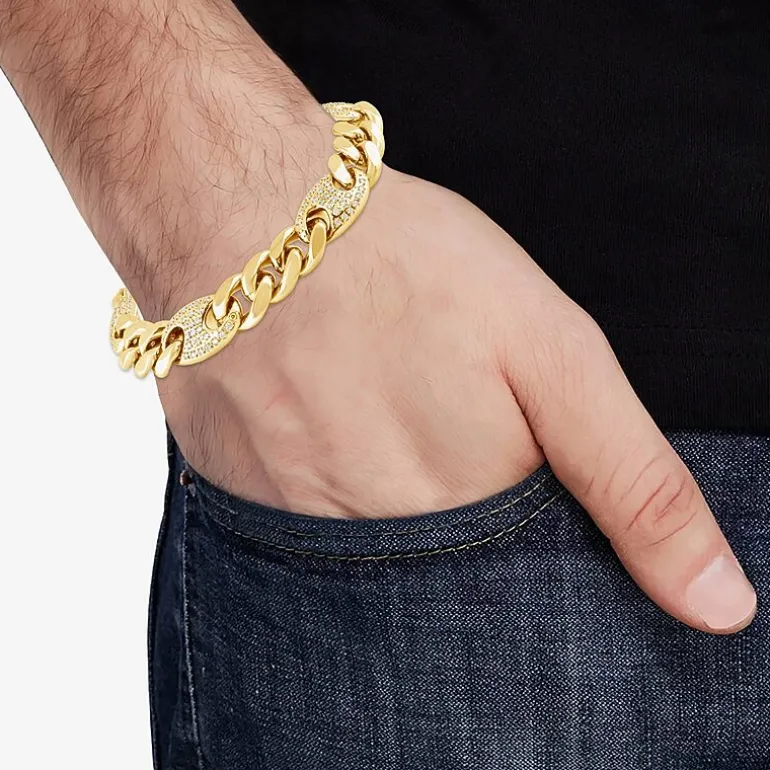 (F, Si2) Mens 14K Gold Over Stainless Steel Stainless Steel 8 1/2 Inch Solid Curb Chain Bracelet