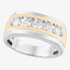 (F, Vs2) Mens 10MM 1 CT. T.W. Lab Grown White Diamond 10K Two Tone Gold Round 5-Stone Wedding Band