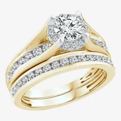 (F / VS2) Womens 1 1/2 CT. T.W. Lab Grown White Diamond 10K or 14K Gold Round Side Stone Bridal Set