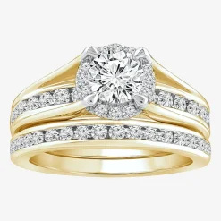(F / VS2) Womens 1 1/2 CT. T.W. Lab Grown White Diamond 10K or 14K Gold Round Side Stone Bridal Set