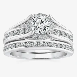 (F / VS2) Womens 1 1/2 CT. T.W. Lab Grown White Diamond 10K or 14K Gold Round Side Stone Bridal Set