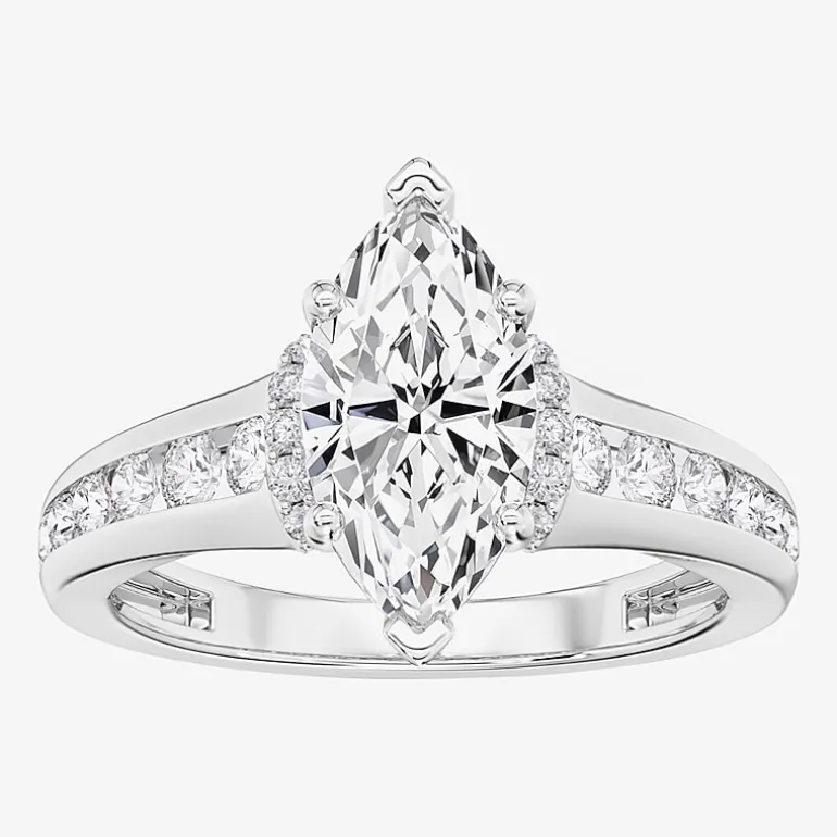 (F / Vs2) Womens 1 1/2 CT. T.W. Lab Grown White Diamond 10K Gold Marquise Side Stone Engagement Ring