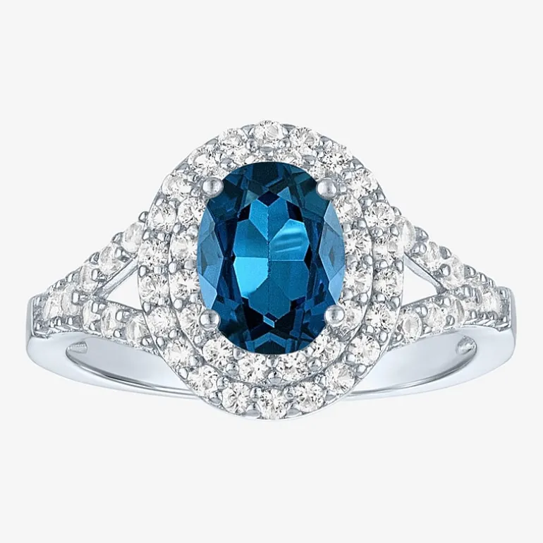 Gemstone and Lab-Created White Sapphire Sterling Silver Oval Double Halo Cocktail Ring