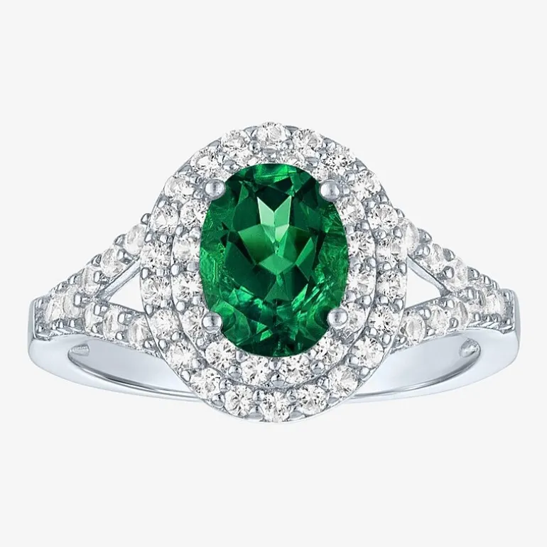 Gemstone and Lab-Created White Sapphire Sterling Silver Oval Double Halo Cocktail Ring