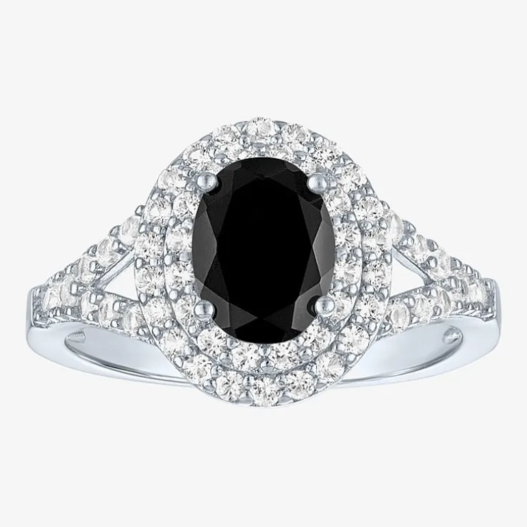 Gemstone and Lab-Created White Sapphire Sterling Silver Oval Double Halo Cocktail Ring