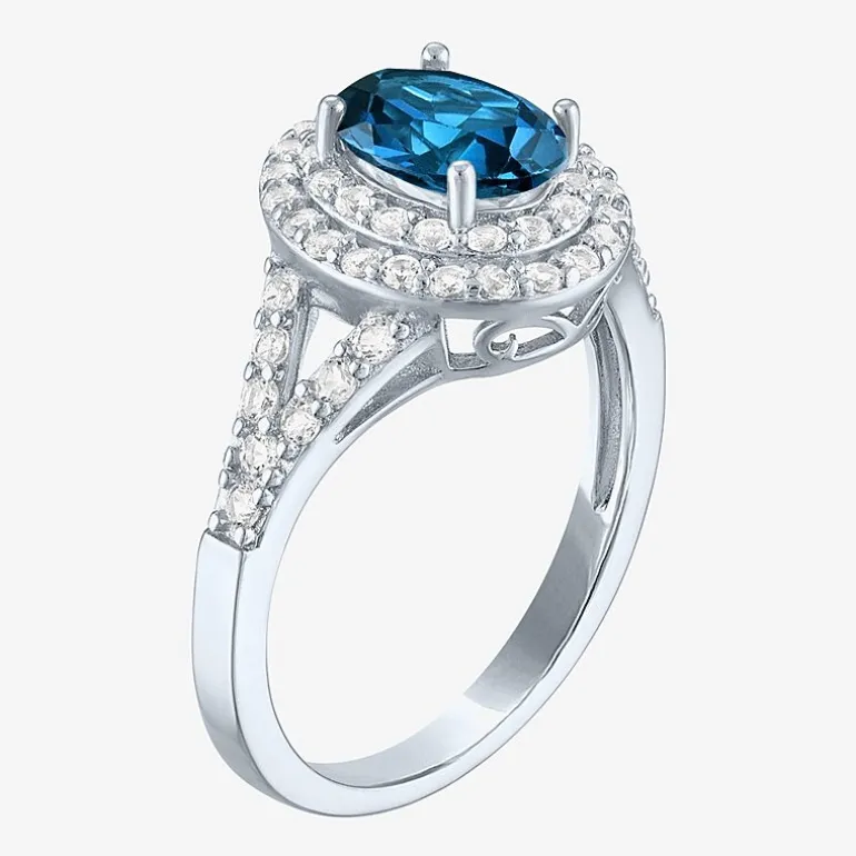 Gemstone and Lab-Created White Sapphire Sterling Silver Oval Double Halo Cocktail Ring