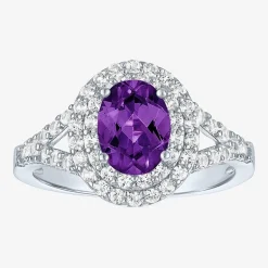 Gemstone and Lab-Created White Sapphire Sterling Silver Oval Double Halo Cocktail Ring
