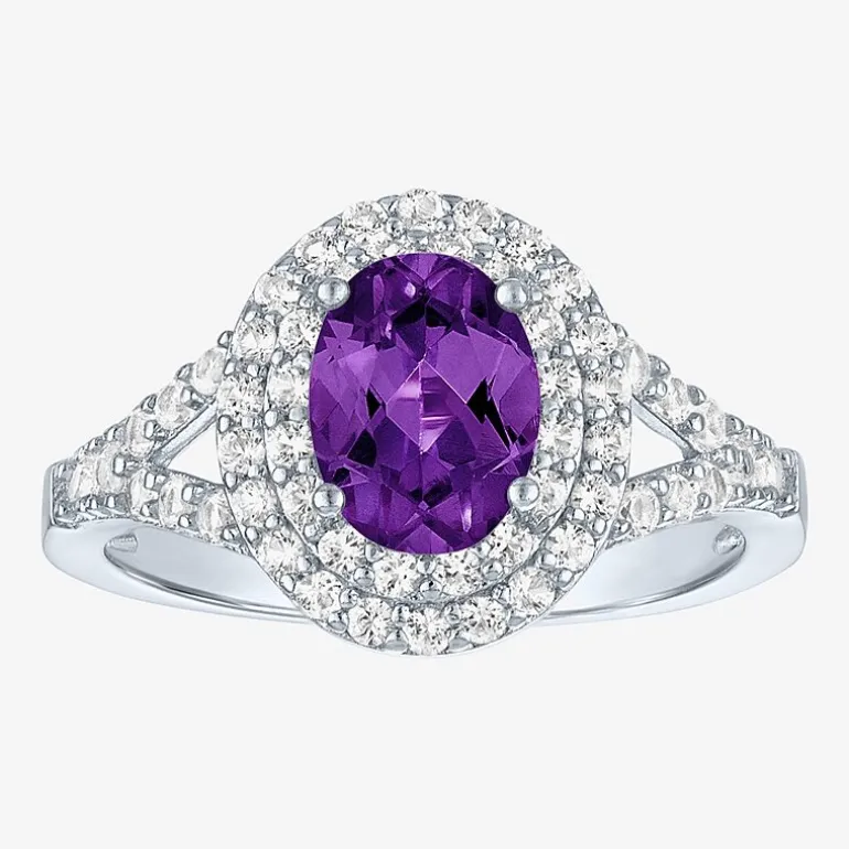 Gemstone and Lab-Created White Sapphire Sterling Silver Oval Double Halo Cocktail Ring