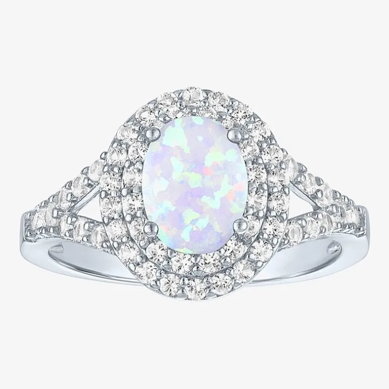 Gemstone and Lab-Created White Sapphire Sterling Silver Oval Double Halo Cocktail Ring