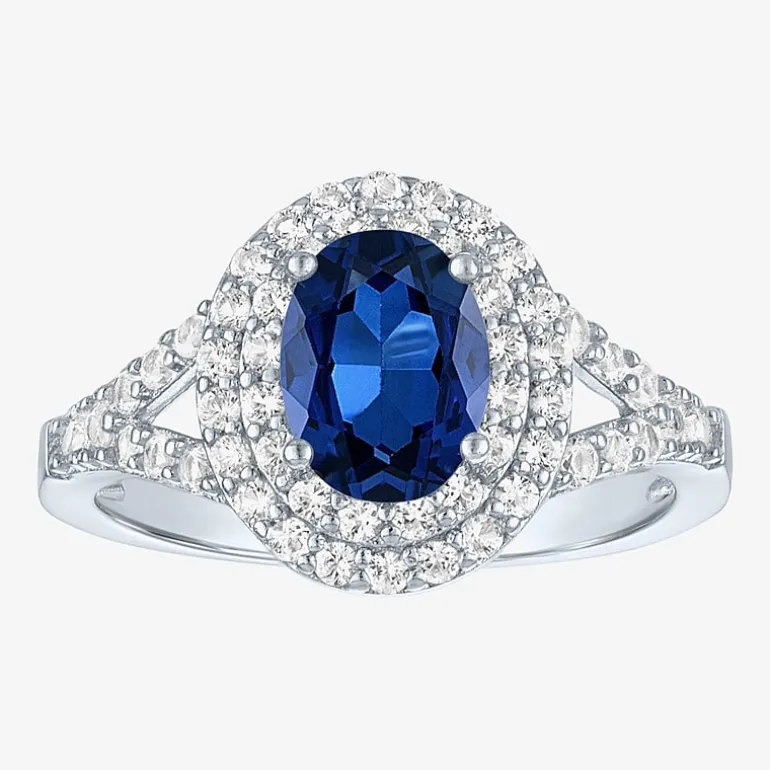 Gemstone and Lab-Created White Sapphire Sterling Silver Oval Double Halo Cocktail Ring