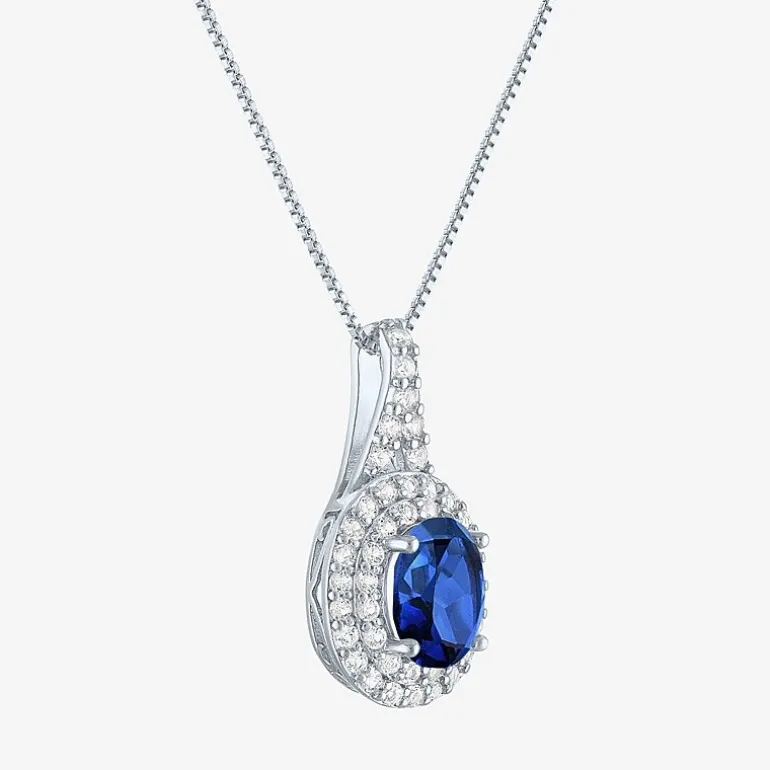 Gemstone & Lab-Created White Sapphire Sterling Silver Halo Pendant Necklace