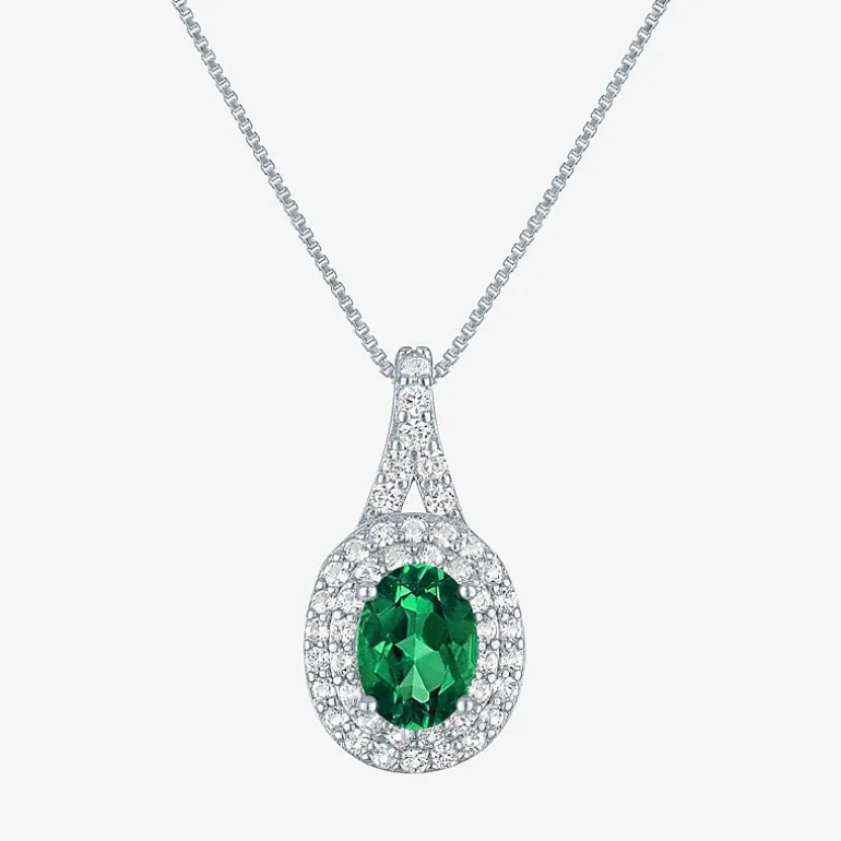 Gemstone & Lab-Created White Sapphire Sterling Silver Halo Pendant Necklace