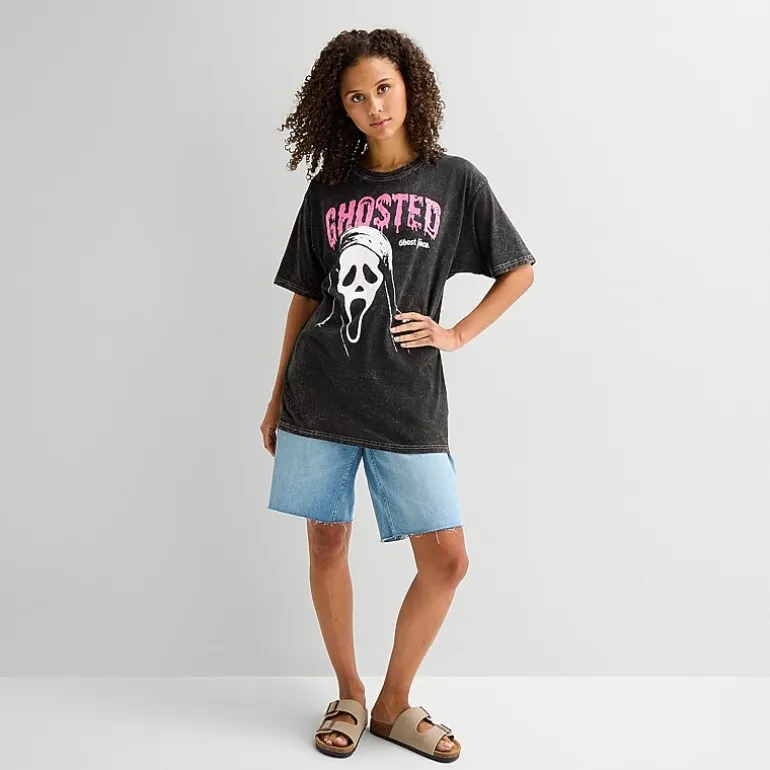 Ghostface Womens Juniors Crew Neck Short Sleeve Oversized Graphic T-Shirt