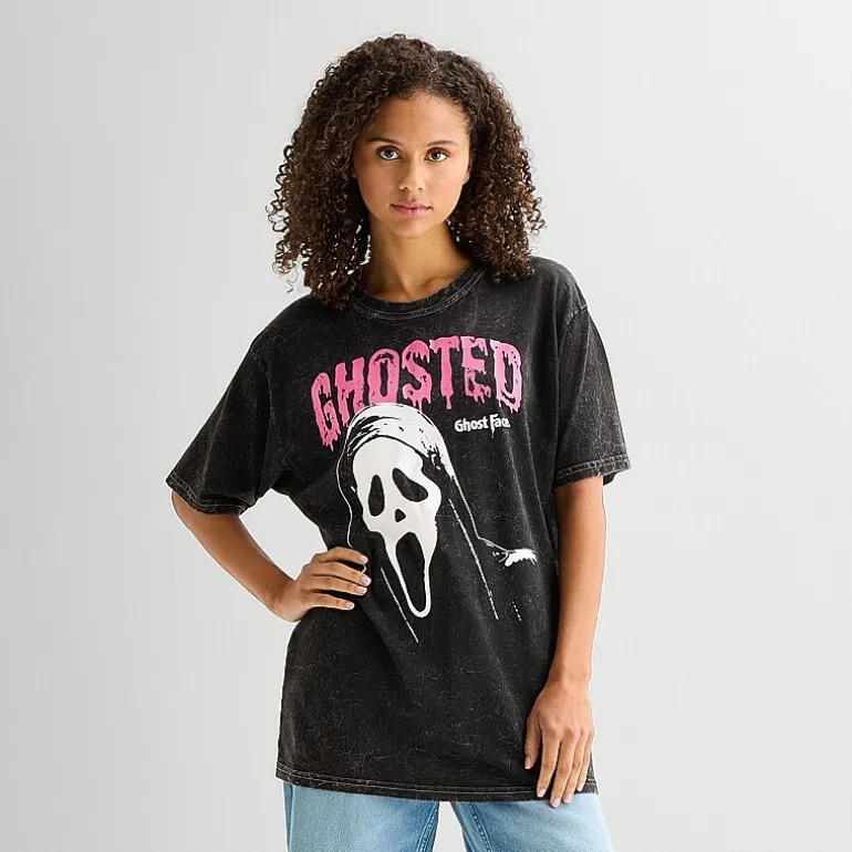 Ghostface Womens Juniors Crew Neck Short Sleeve Oversized Graphic T-Shirt