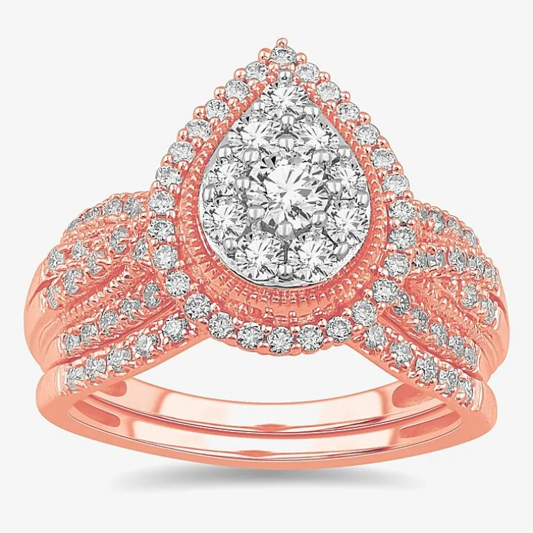 (G-H / SI1-SI2) Womens 1 CT. T.W. Lab Grown Diamond Pear Shape Halo Bridal Set in 10K Gold