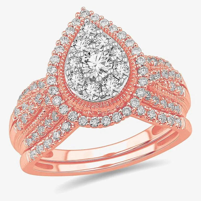 (G-H / SI1-SI2) Womens 1 CT. T.W. Lab Grown Diamond Pear Shape Halo Bridal Set in 10K Gold