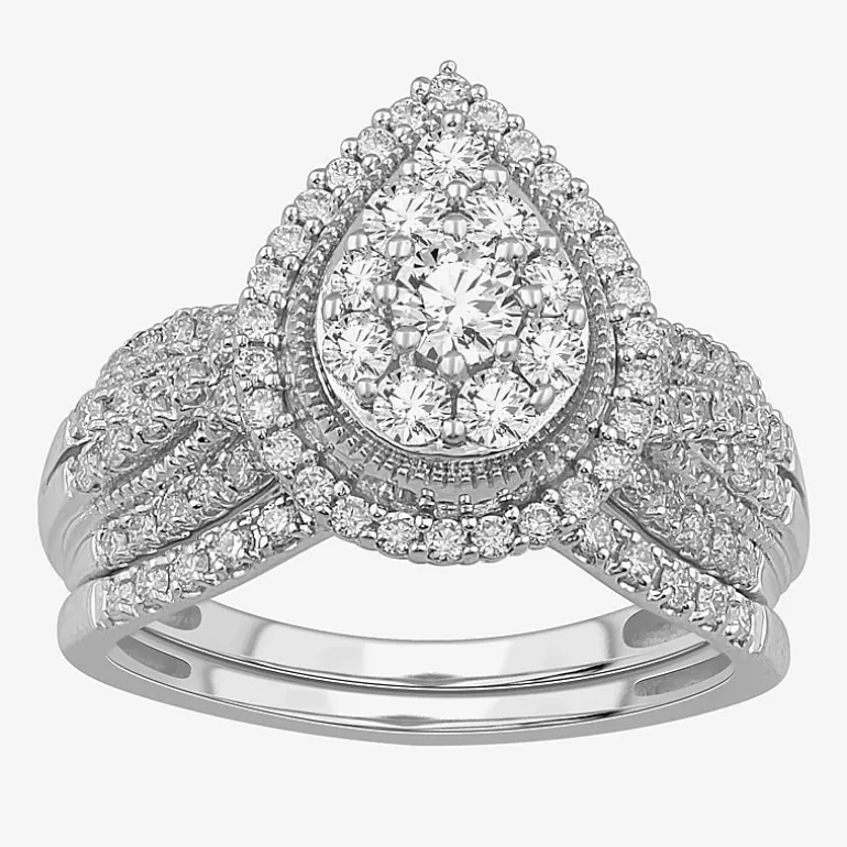 (G-H / SI1-SI2) Womens 1 CT. T.W. Lab Grown Diamond Pear Shape Halo Bridal Set in 10K Gold