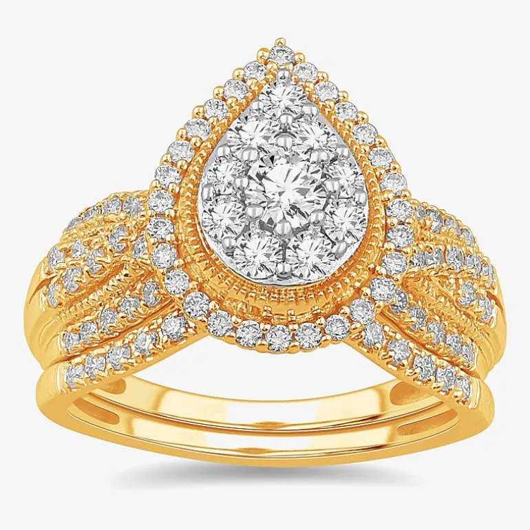 (G-H / SI1-SI2) Womens 1 CT. T.W. Lab Grown Diamond Pear Shape Halo Bridal Set in 10K Gold